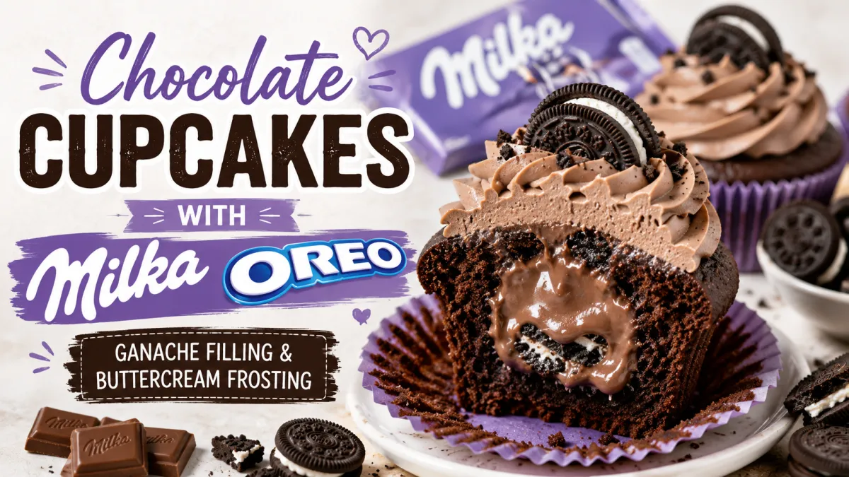 Chocolate Cupcakes with Milka Oreo Ganache Filling & Buttercream Frosting